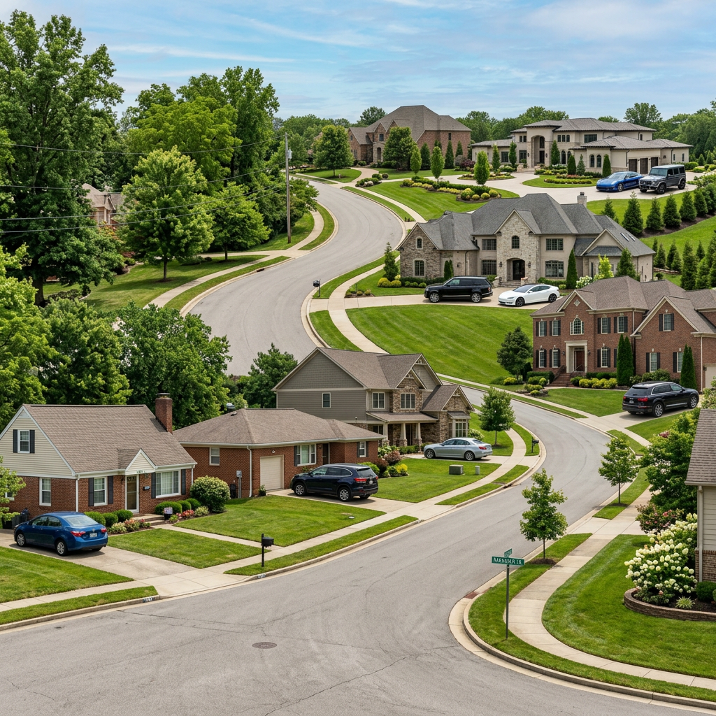 Curved suburban street lined with various single-family homes, green lawns, and several parked cars