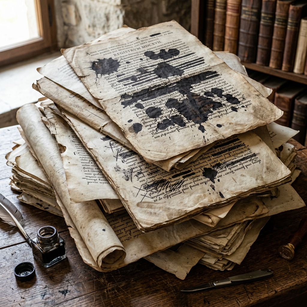Stack of aged manuscripts with black ink splatters and handwritten corrections